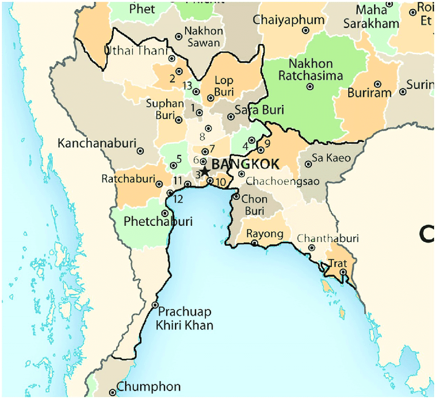 Mapa del centro de Tailandia
